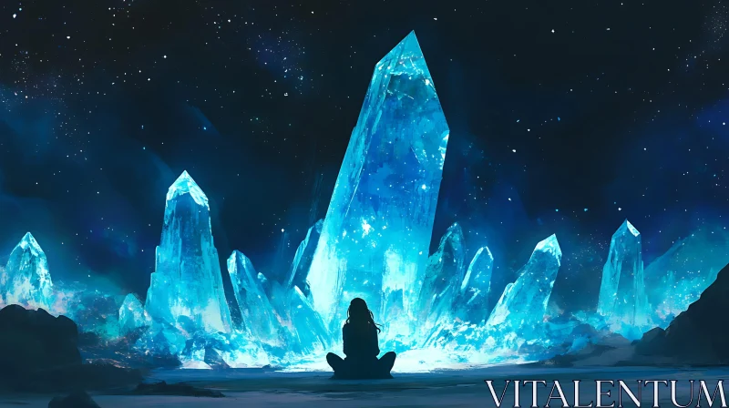 Blue Crystals and Meditating Figure AI Image