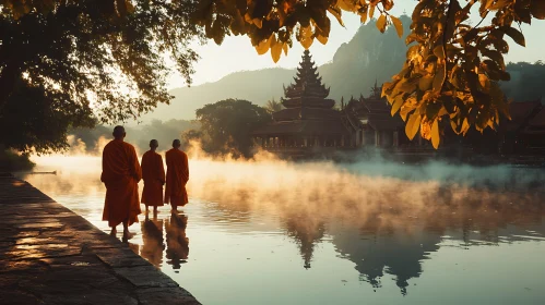 Monks in Water near Temple