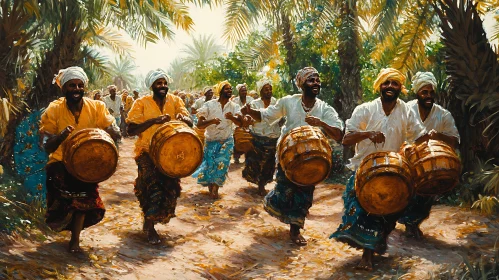 Procession of Drummers in a Tropical Grove