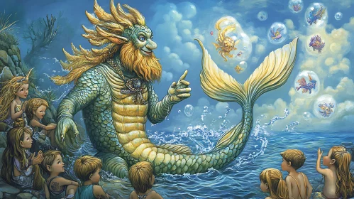 Enchanting Merman and Children by the Sea