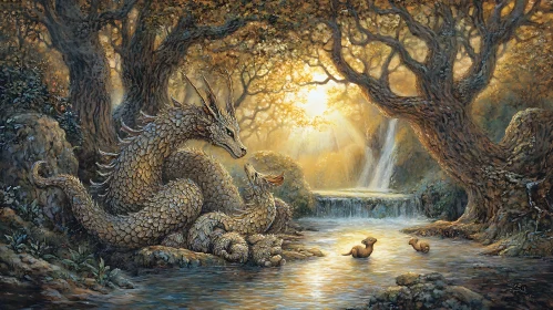 Fantasy Dragons near a Waterfall