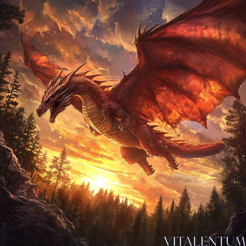 AI ART Red Dragon Flight over Forest