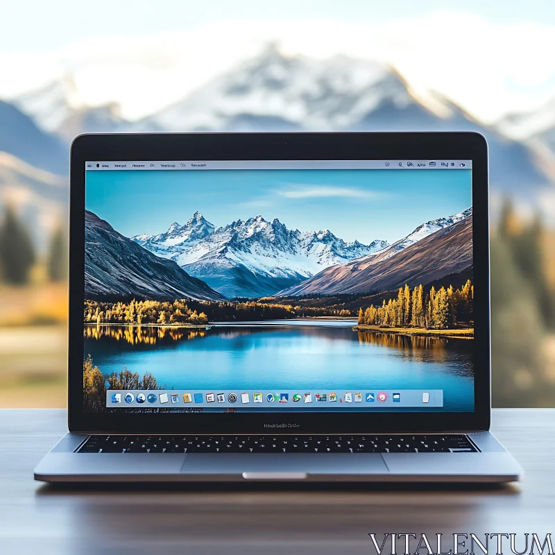 Serene Mountain Lake Wallpaper Displayed on Laptop AI Image