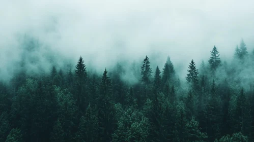 Serene Pine Forest Covered in Mist