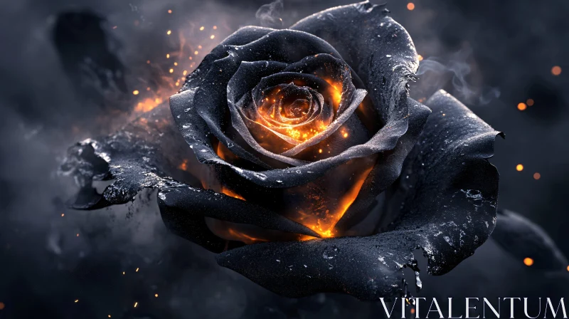 Fiery Black Rose in a Smoky Atmosphere AI Image