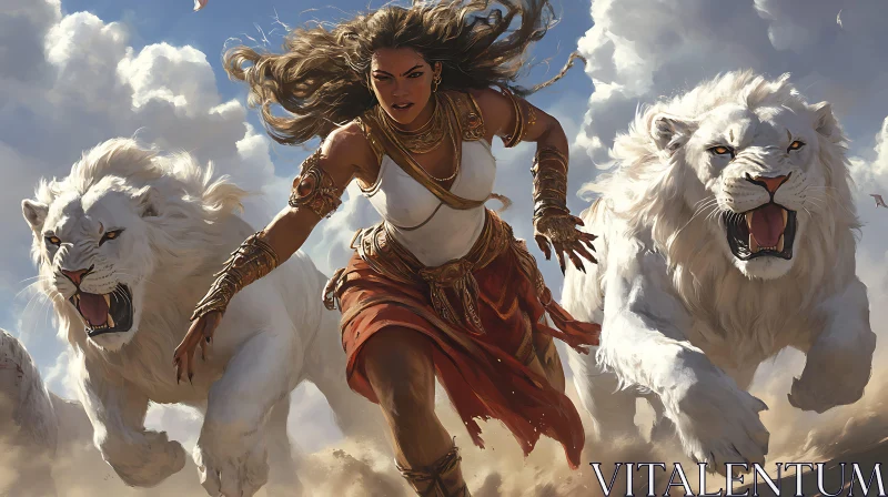 Fantasy Woman and Lions Artwork AI Image