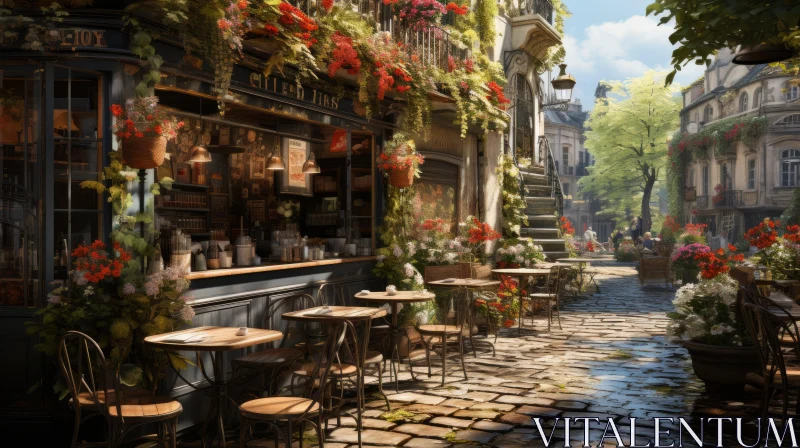 Atmospheric Cobblestone Street Scene with Flower-Adorned Tables AI Image