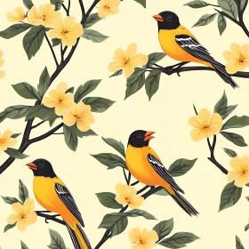 Floral Bird Pattern with Yellow Accents