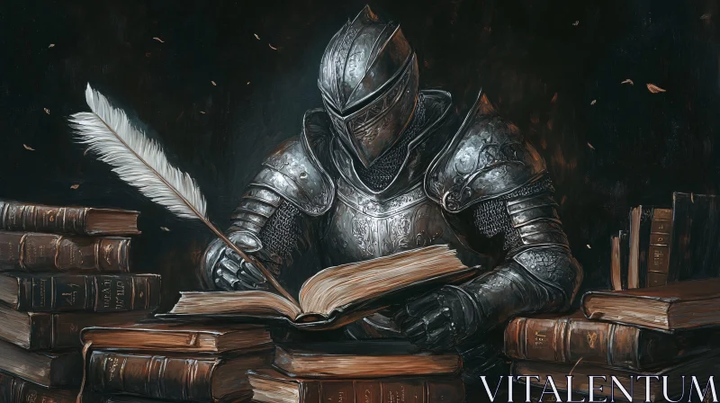 AI ART Armored Knight Writing in Ancient Tome