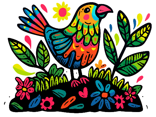 POD Design Cheerful Bird Illustration with Floral Surrounding