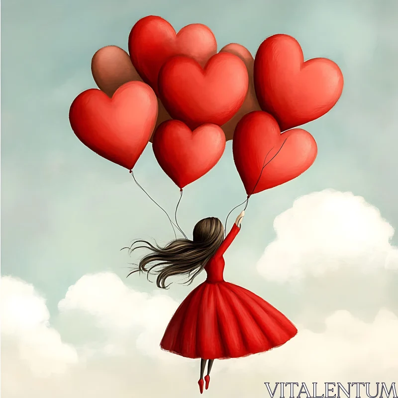 Girl with Heart Balloons in the Sky AI Image