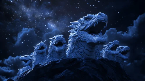 Dragon Statues Mountain Night Scene