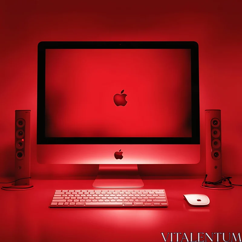 Modern Red Desktop Computer Setup AI Image