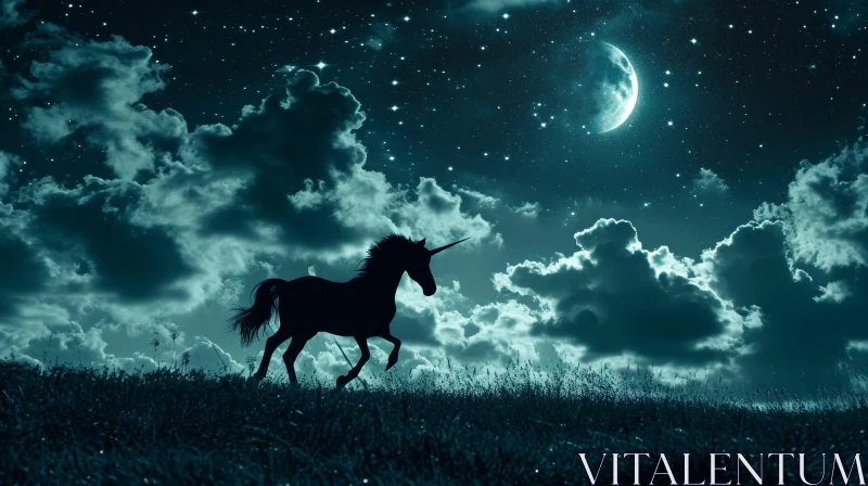 Enchanting Night Scene with Majestic Black Unicorn Running Through Field AI Image