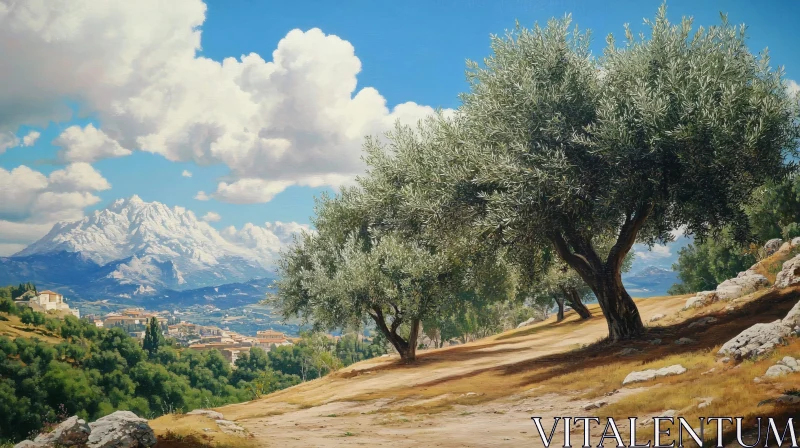 AI ART Idyllic Mountain Village with Olive Trees