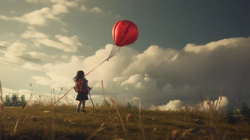 Graceful Small Girl Floating in Hot Air Balloon - Colorful Sky Illustration