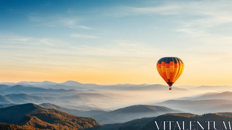Hot Air Balloon Over Mountains at Sunrise - A Romantic Panorama AI Image
