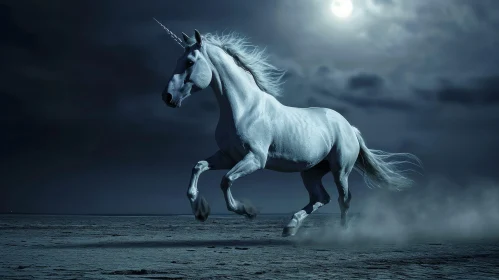 Majestic White Unicorn Galloping in Moonlit Field