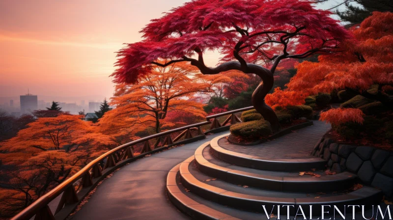 Tokyo Autumn Scenery: Red Tree Pathway to the Mountains AI Image