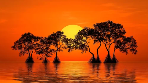 Tranquil Sunset Trees Silhouette
