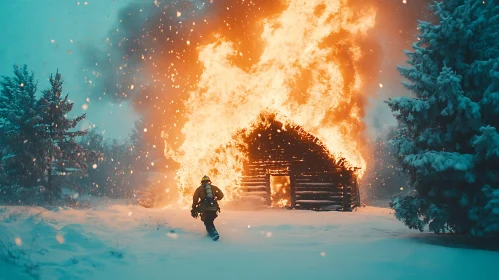 Firefighter Rushing to Cabin Fire in the Snow