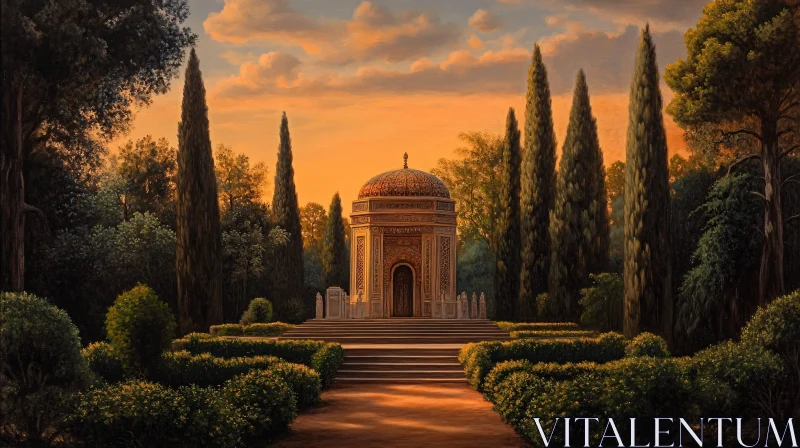 Sunset Garden with Classical Architecture AI Image