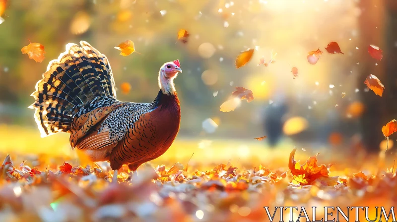 Turkey among Falling Autumn Leaves AI Image