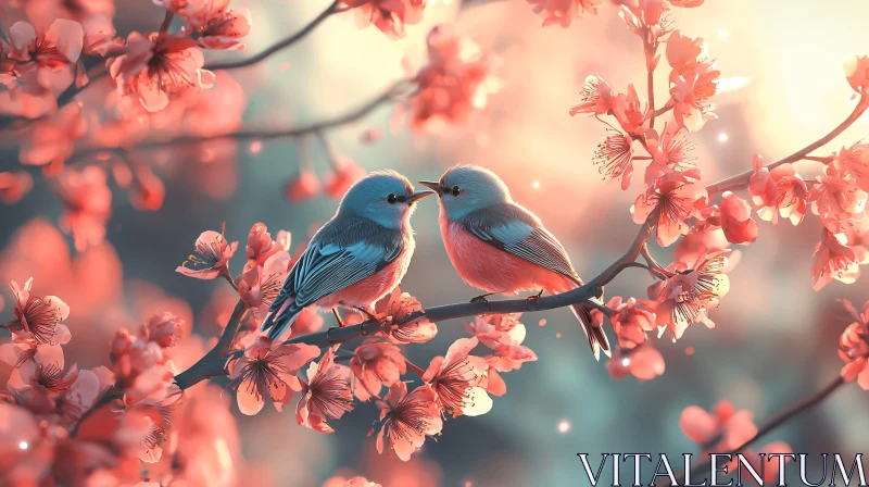 Spring Birds on a Flowering Branch AI Image