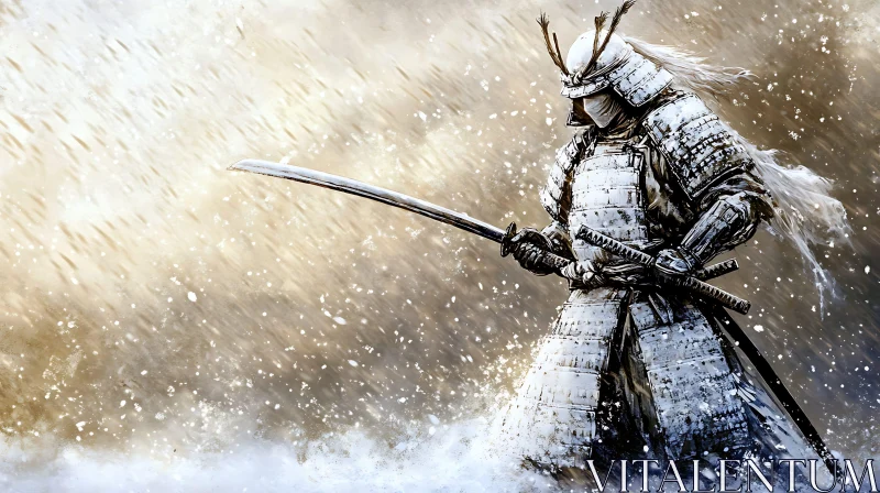 Armored Samurai with Katana in Snow AI Image