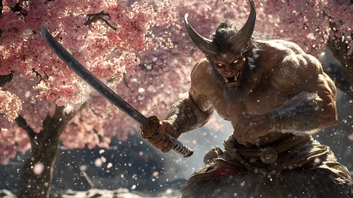 Horned Demon Samurai in Spring