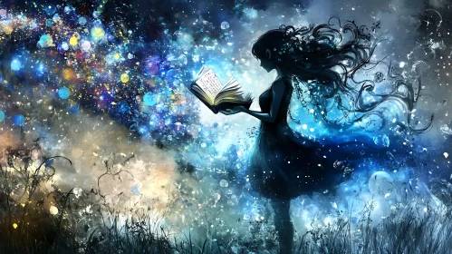 Girl Reading Book Under Starry Sky