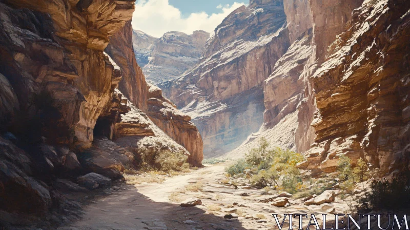 AI ART Sunlit Desert Canyon with Rugged Rock Walls