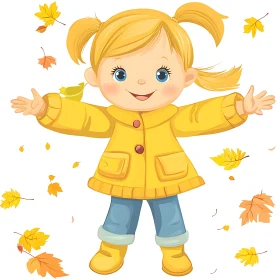 Cartoon Girl with Falling Leaves