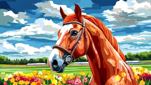 Beautiful Horse in Flower-Filled Landscape