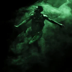 Athlete Jumping Through Green Mist