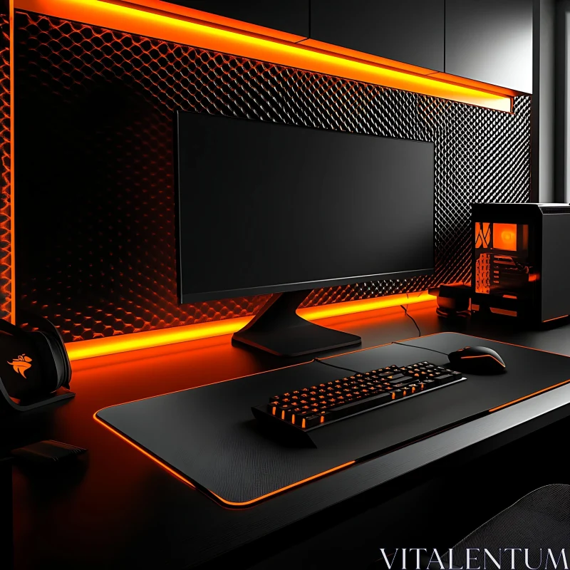 High-Tech Gaming Desk with Orange LEDs AI Image