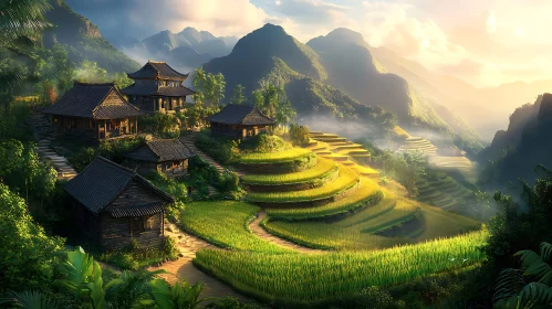 Scenic Mountain Village with Rice Terraces