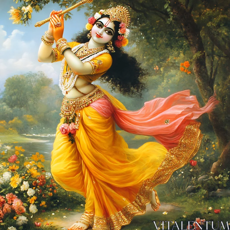 Golden Krishna Playing Flute Artwork AI Image