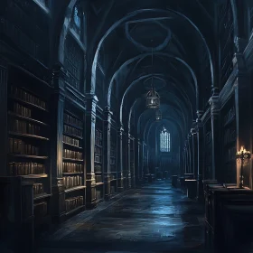 Dark Library Hallway with Bookshelves