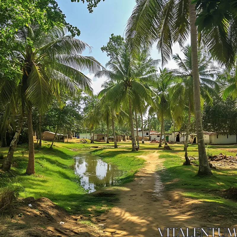 Lush Palm Trees by a Peaceful Stream AI Image