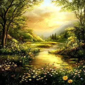 Peaceful River Amidst Wildflowers and Trees
