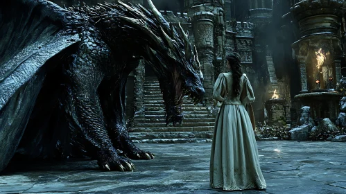Woman and Dragon Encounter in Ancient Castle