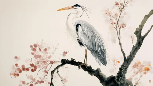 Watercolor Heron Amidst Blossoms