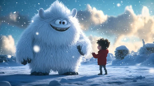 Winter Encounter: Yeti and Boy in Snow