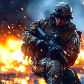 Combat Soldier in Fiery Backdrop