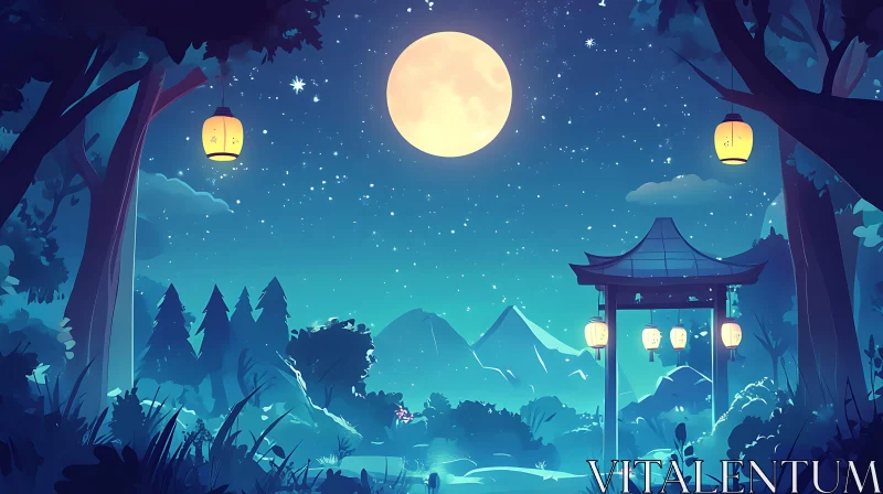 AI ART Serene Night Landscape with Moon and Lanterns