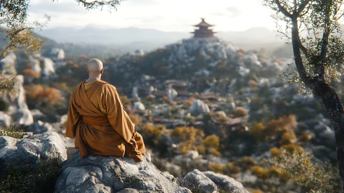 Monk's Meditation on Mountain Peak