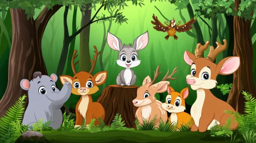 Charming Forest Animals in a Lush Green Wilderness - Cartoon Style