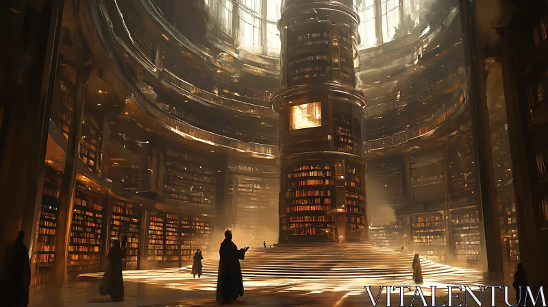 AI ART Majestic Library with Central Book Tower