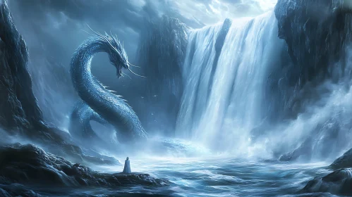 Dragon and Waterfall in Mystical Landscape